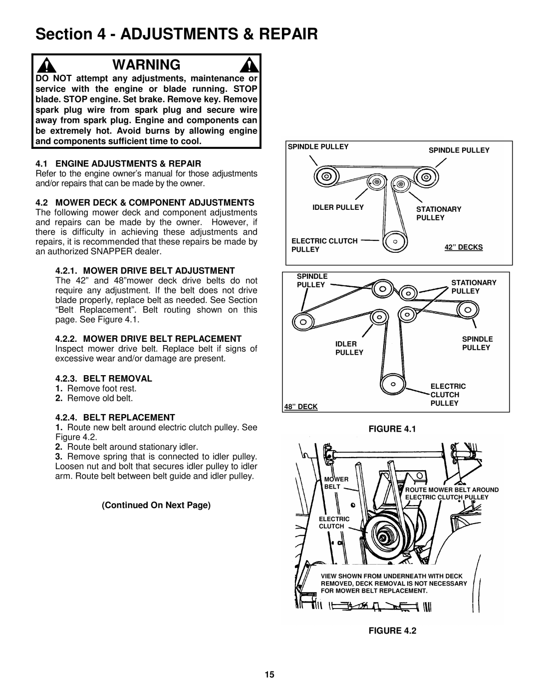 Snapper HZS18483BVE, HZS15423KVE Engine Adjustments & Repair, Mower Drive Belt Adjustment, Belt Removal, Belt Replacement 