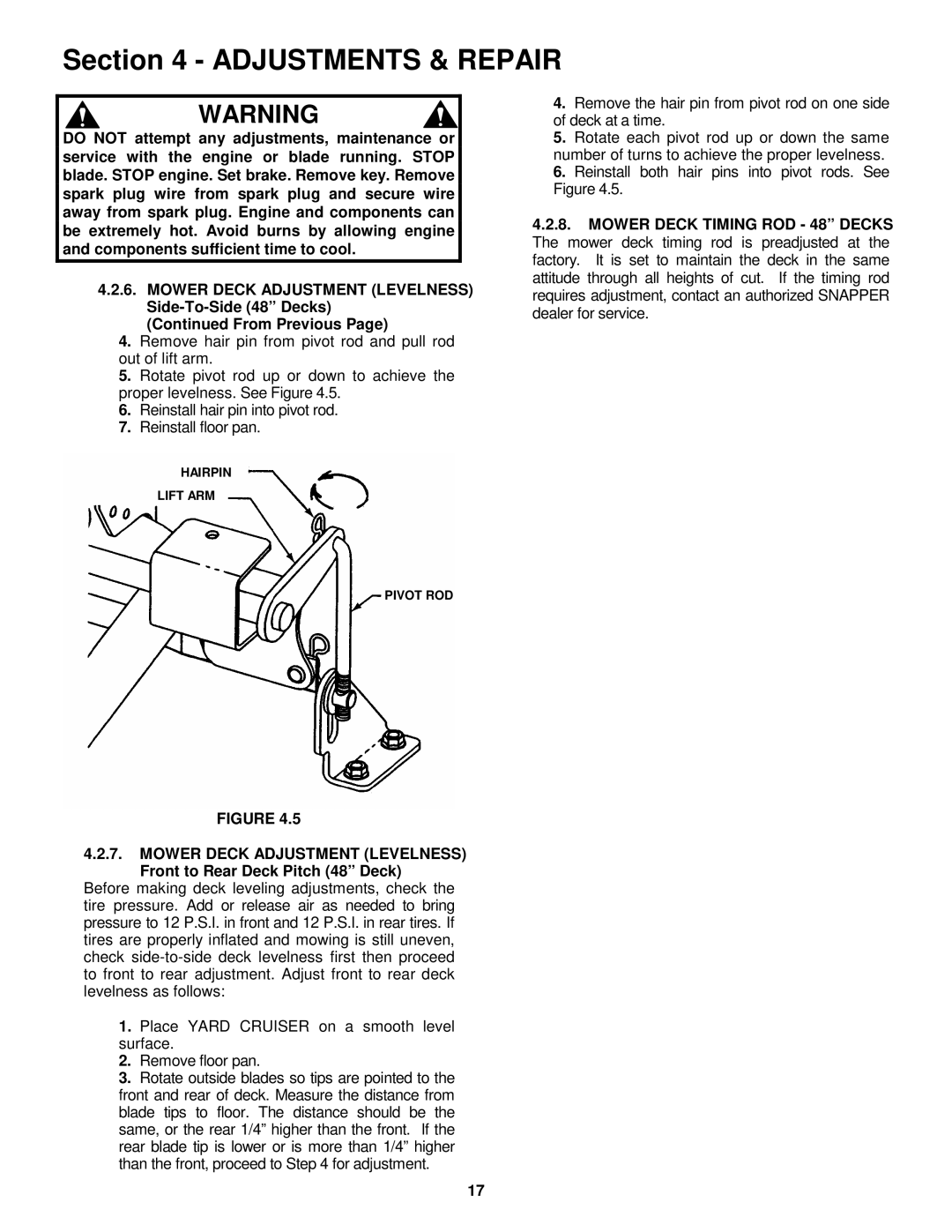 Snapper HZS18483BVE, HZS15423KVE, HZS15423KVE, HZS18483BVE important safety instructions Hairpin Lift ARM 