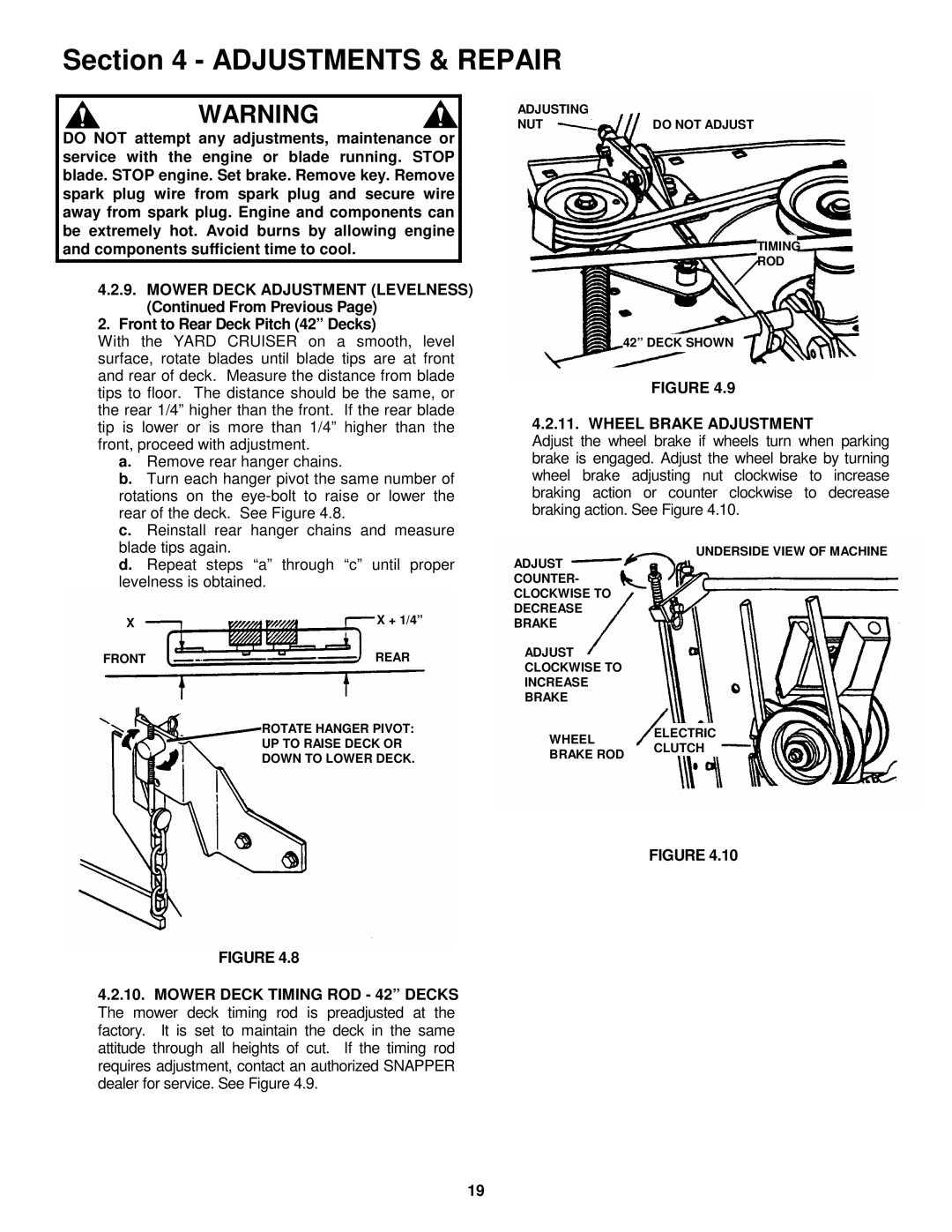 Snapper HZS18483BVE, HZS15423KVE, HZS15423KVE, HZS18483BVE important safety instructions Wheel Brake Adjustment 