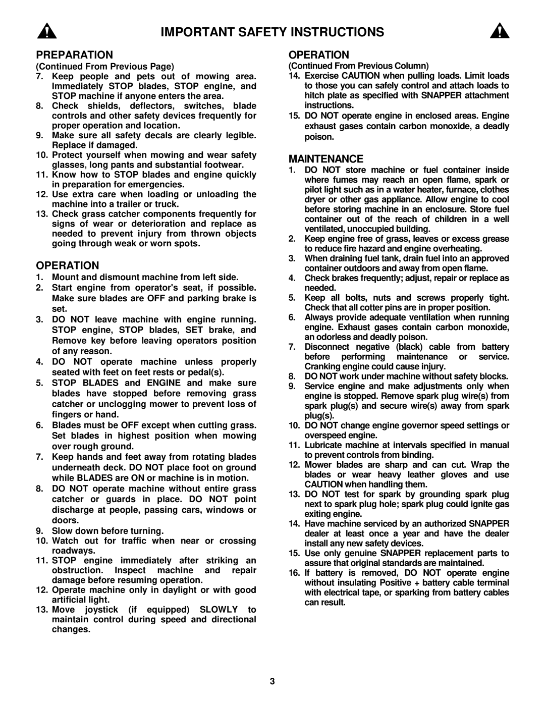 Snapper HZS15423KVE, HZS18483BVE, HZS18483BVE, HZS15423KVE important safety instructions Operation 