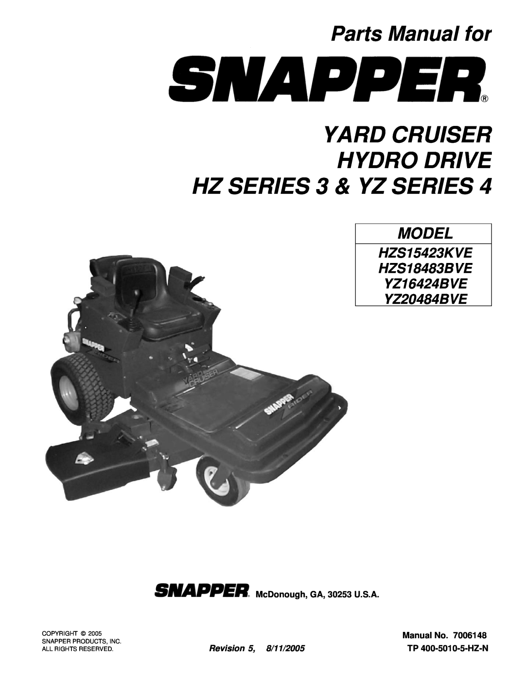 Snapper HZS15423KVE manual YARD CRUISER HYDRO DRIVE HZ SERIES 3 & YZ SERIES, Parts Manual for, Model, Manual No 
