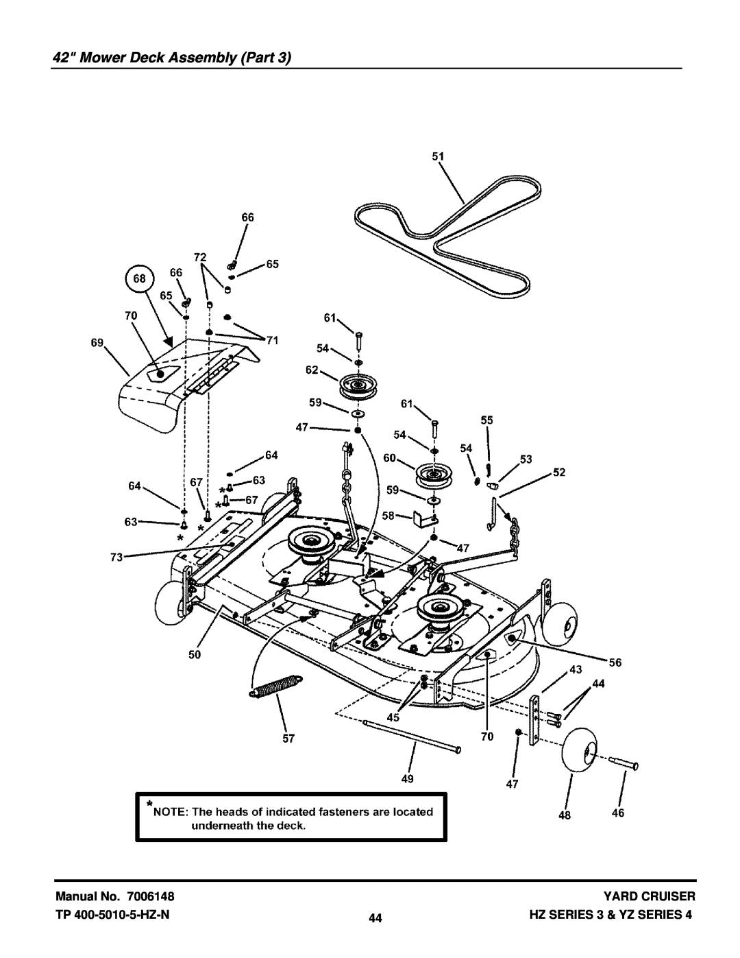 Snapper HZS18483BVE manual Mower Deck Assembly Part, Manual No, Yard Cruiser, TP 400-5010-5-HZ-N, HZ SERIES 3 & YZ SERIES 