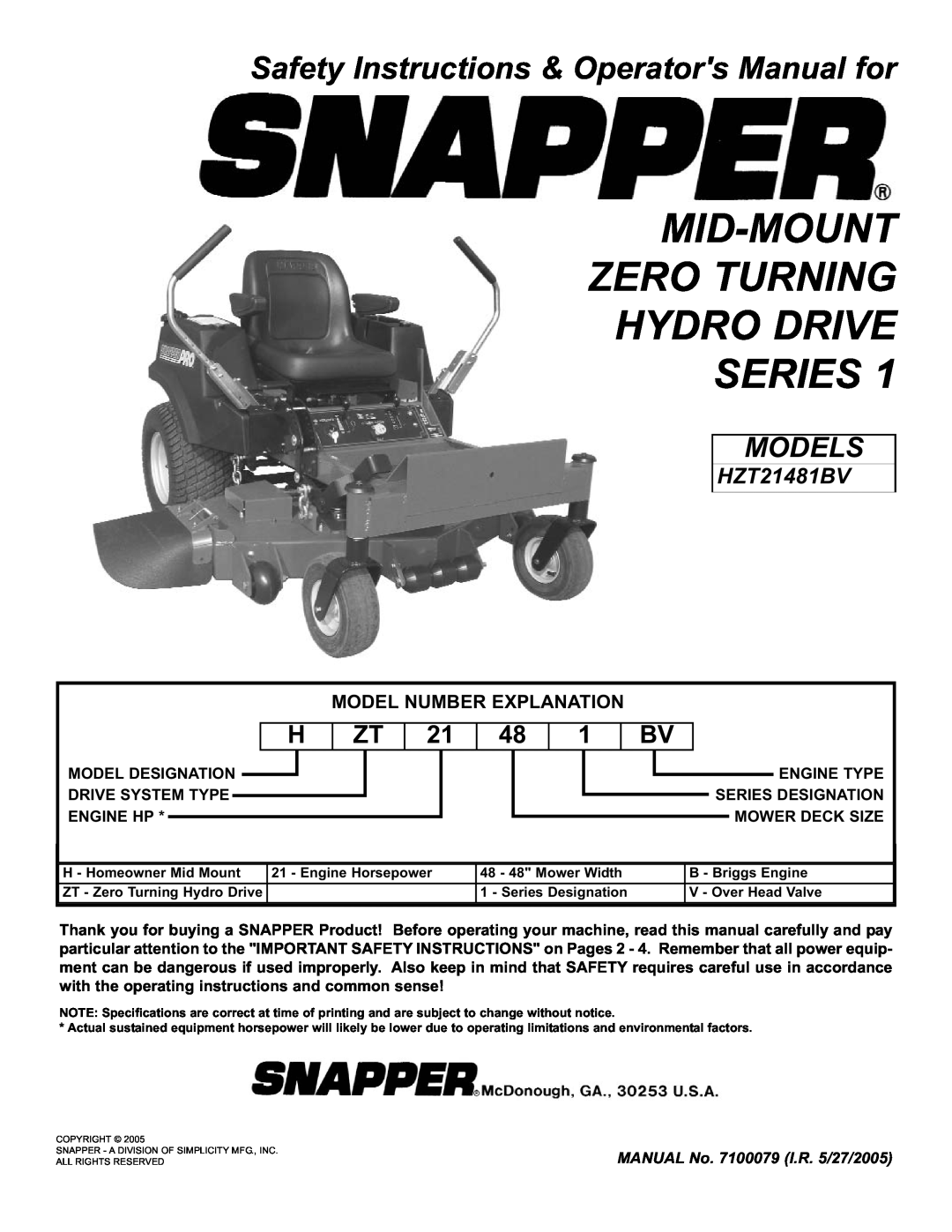 Snapper HZT21481BV important safety instructions Mid-Mount Zero Turning Hydro Drive Series, Models 