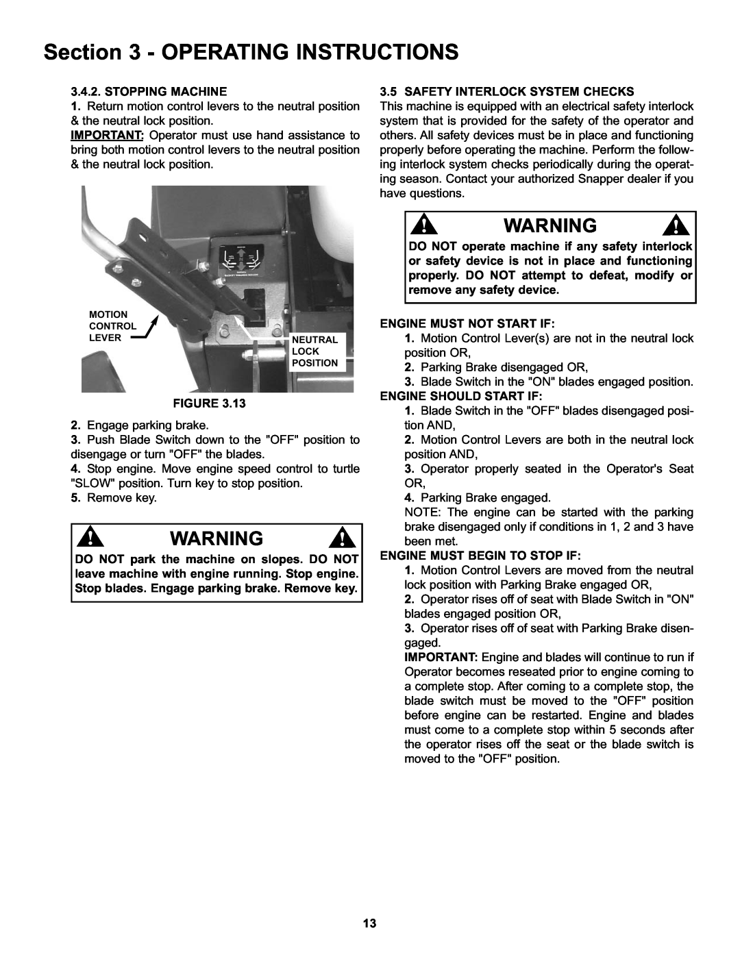 Snapper HZT21481BV important safety instructions Operating Instructions, Stopping Machine 