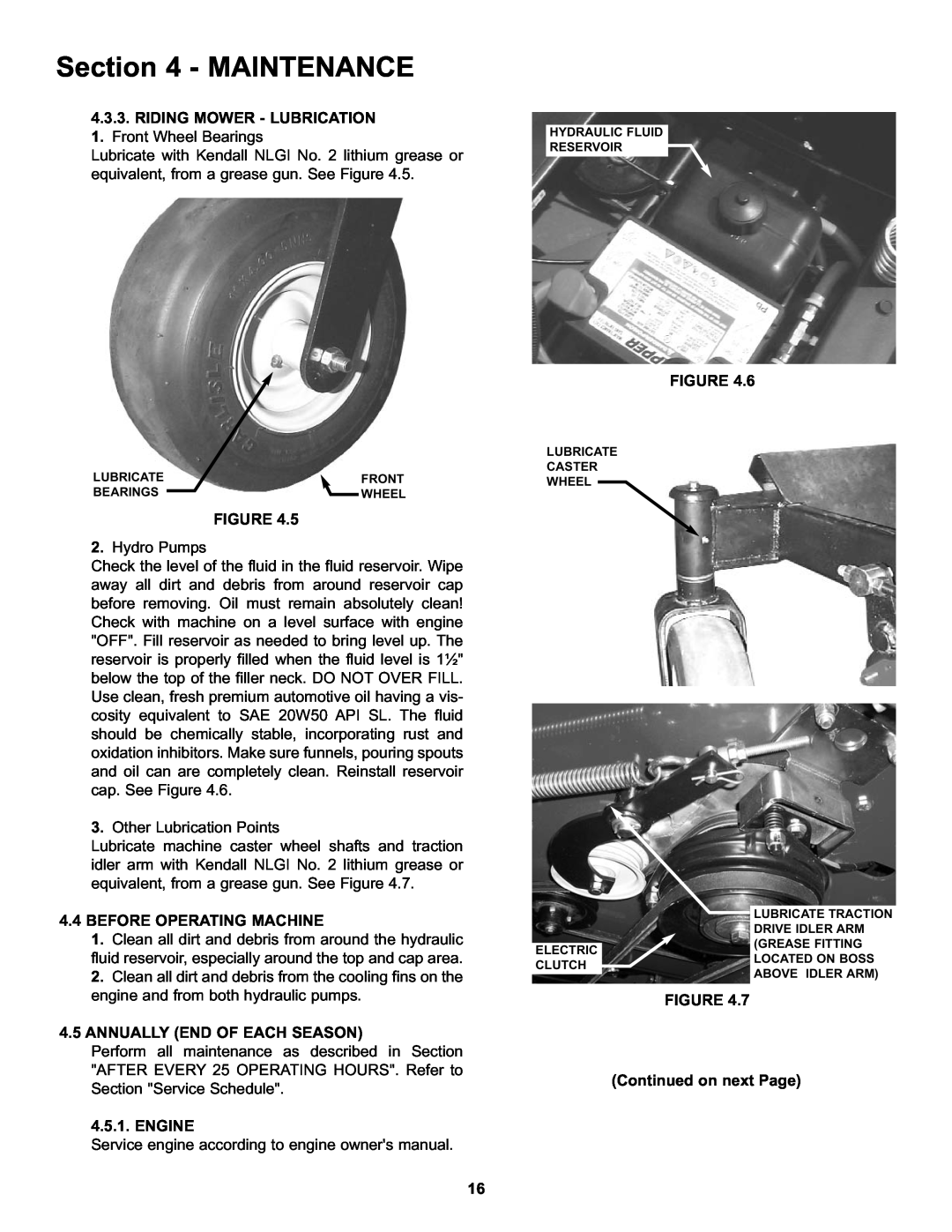 Snapper HZT21481BV Maintenance, 4.4BEFORE OPERATING MACHINE, 4.5ANNUALLY END OF EACH SEASON, Engine 