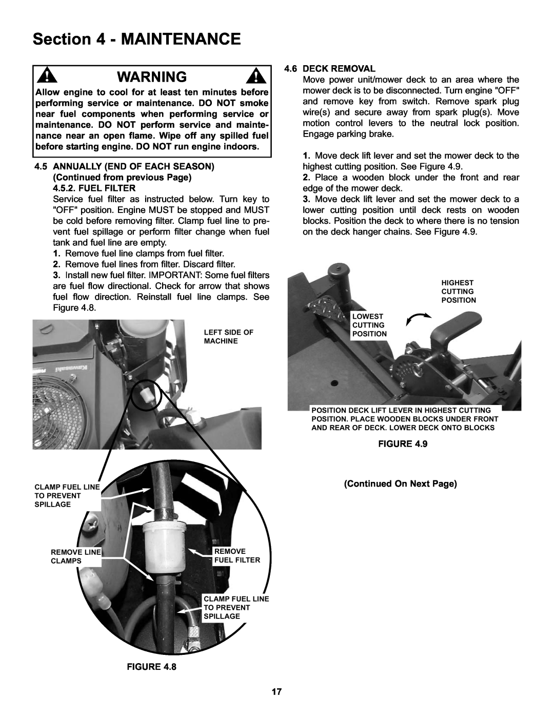 Snapper HZT21481BV important safety instructions Maintenance, 4.6DECK REMOVAL, Continued On Next Page 