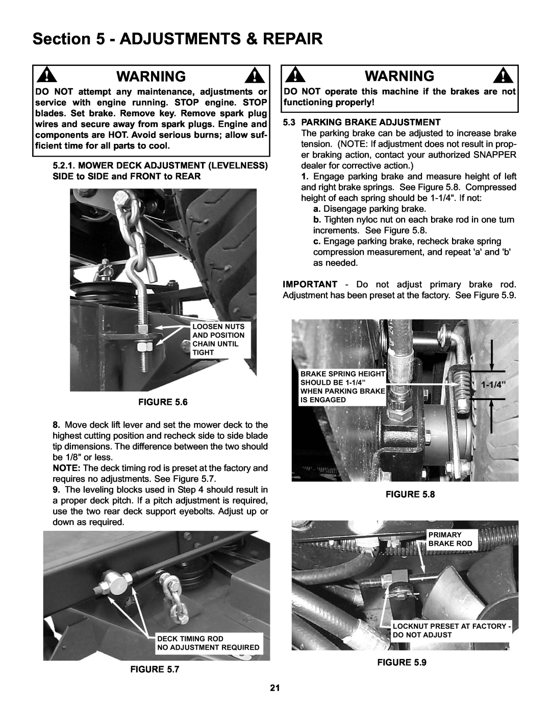 Snapper HZT21481BV important safety instructions Adjustments & Repair, 5.3PARKING BRAKE ADJUSTMENT 