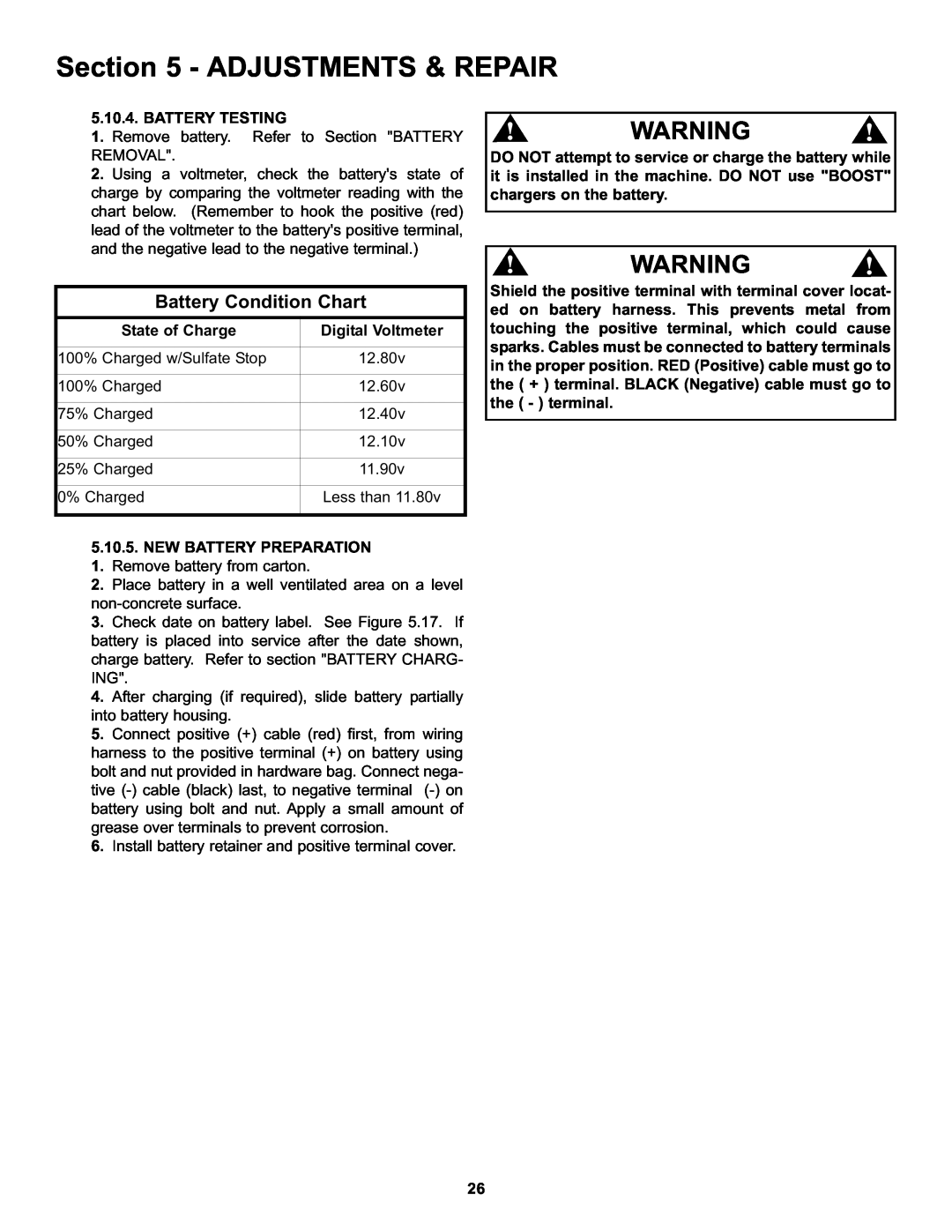 Snapper HZT21481BV important safety instructions Adjustments & Repair, Battery Condition Chart 