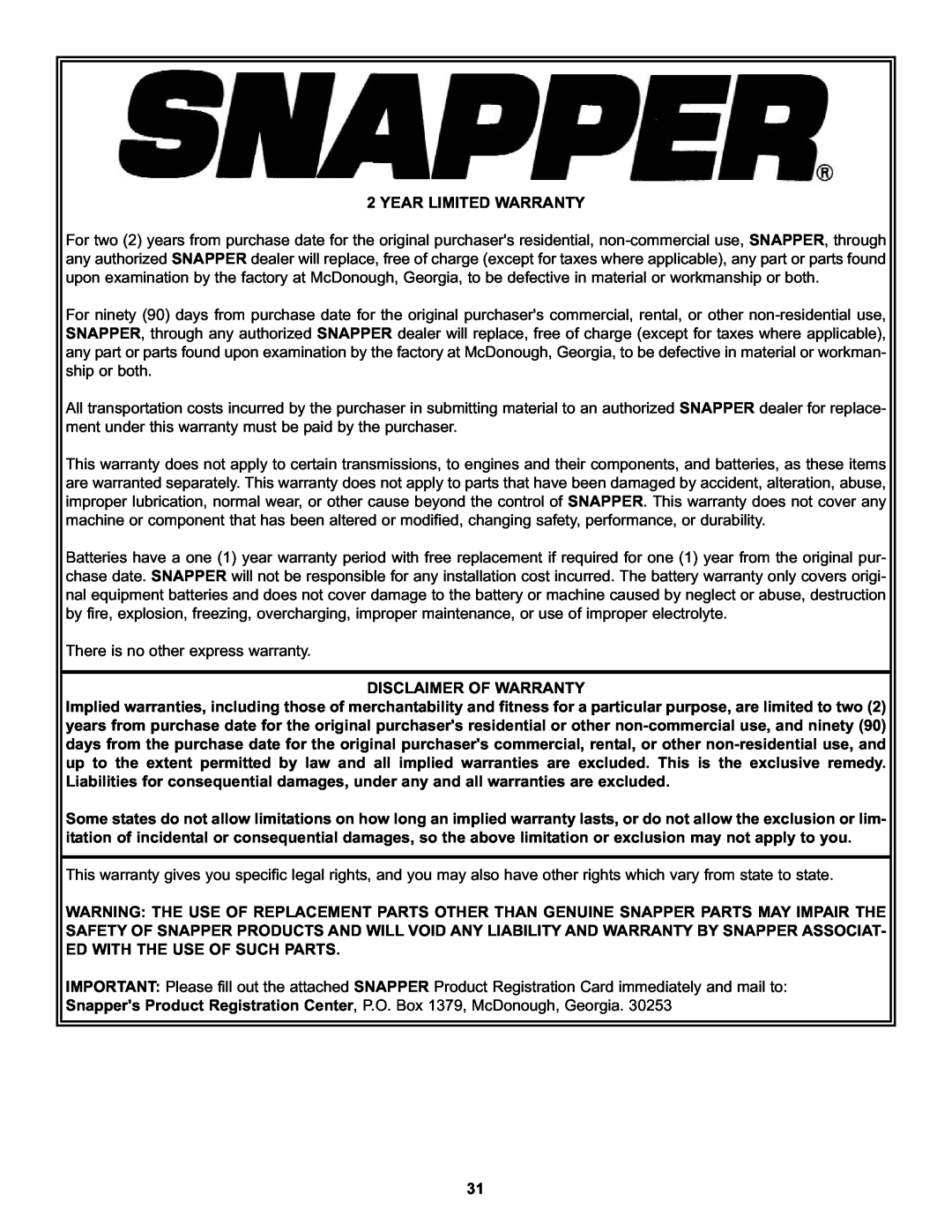 Snapper HZT21481BV important safety instructions Year Limited Warranty 
