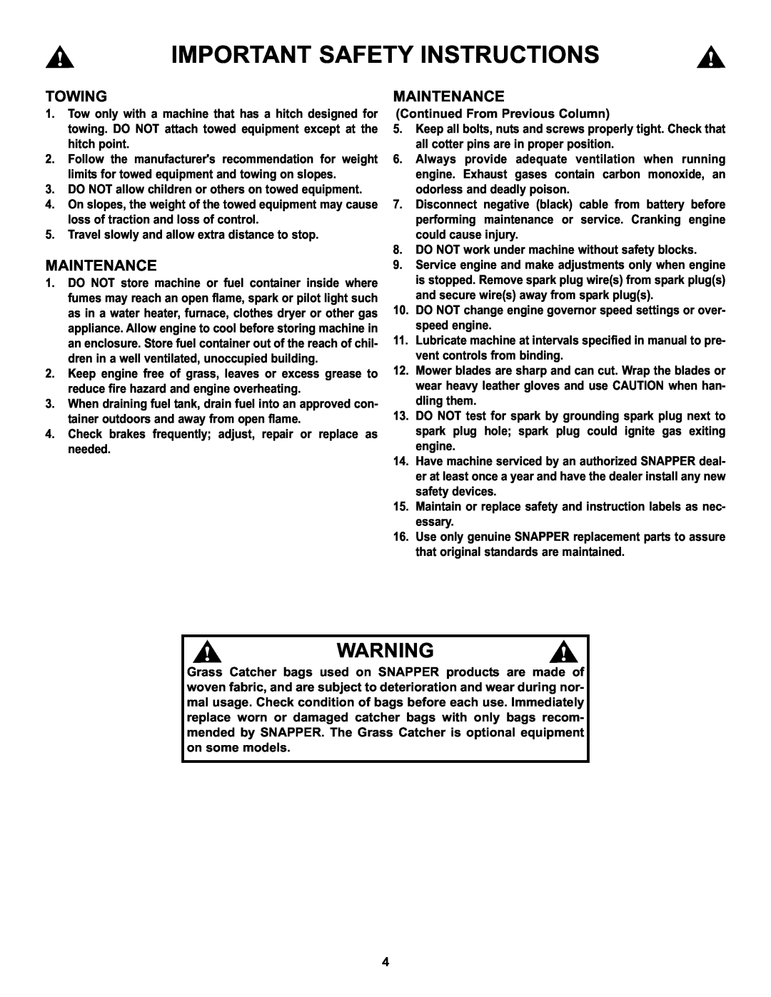 Snapper HZT21481BV important safety instructions Important Safety Instructions, Towing, Maintenance 