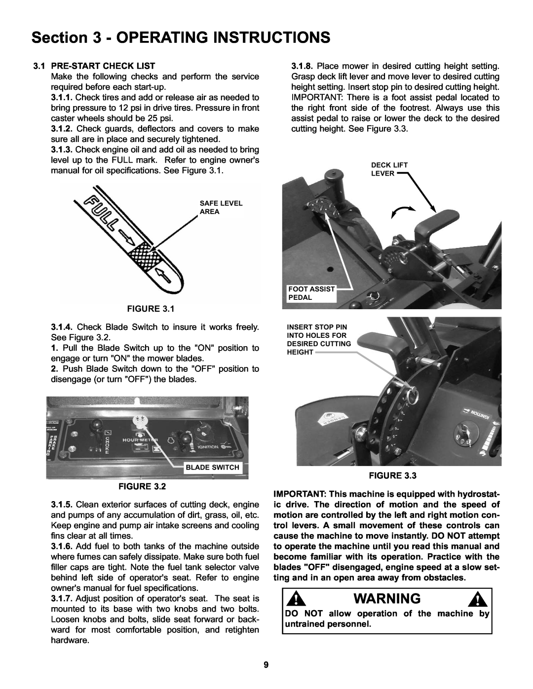 Snapper HZT21481BV important safety instructions Operating Instructions, 3.1PRE-STARTCHECK LIST 