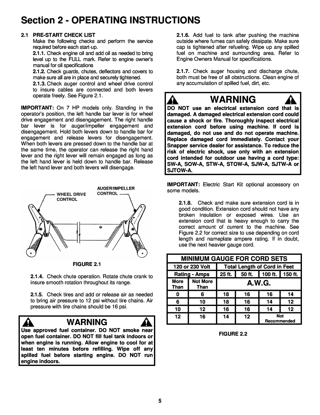 Snapper I55223, I7243 important safety instructions Operating Instructions, A.W.G 