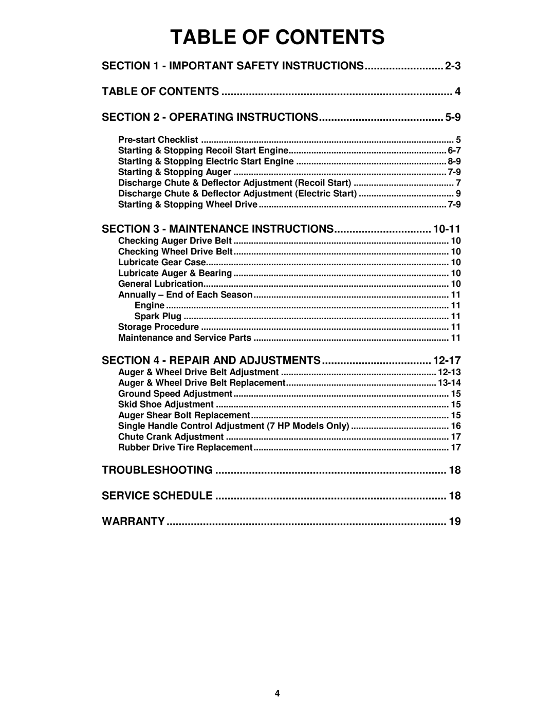 Snapper I55223, I7243 important safety instructions Table of Contents 