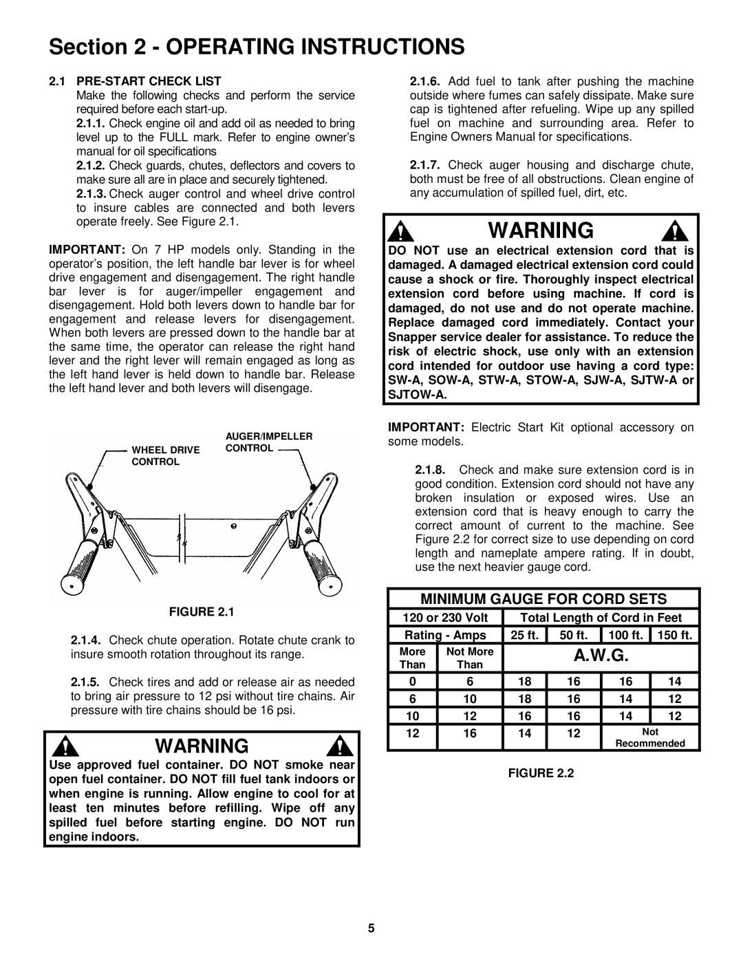 Snapper I55223, I7243 important safety instructions Minimum Gauge for Cord Sets, PRE-START Check List 