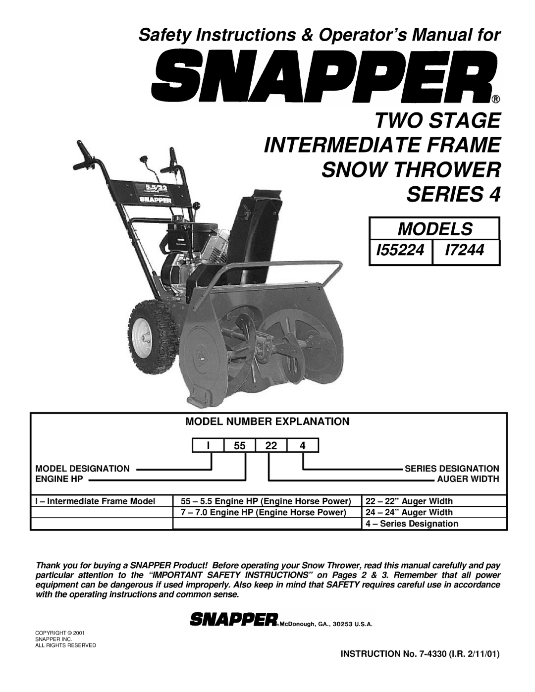 Snapper I55224, I7244 important safety instructions Model Number Explanation, Instruction No -4330 I.R /11/01 