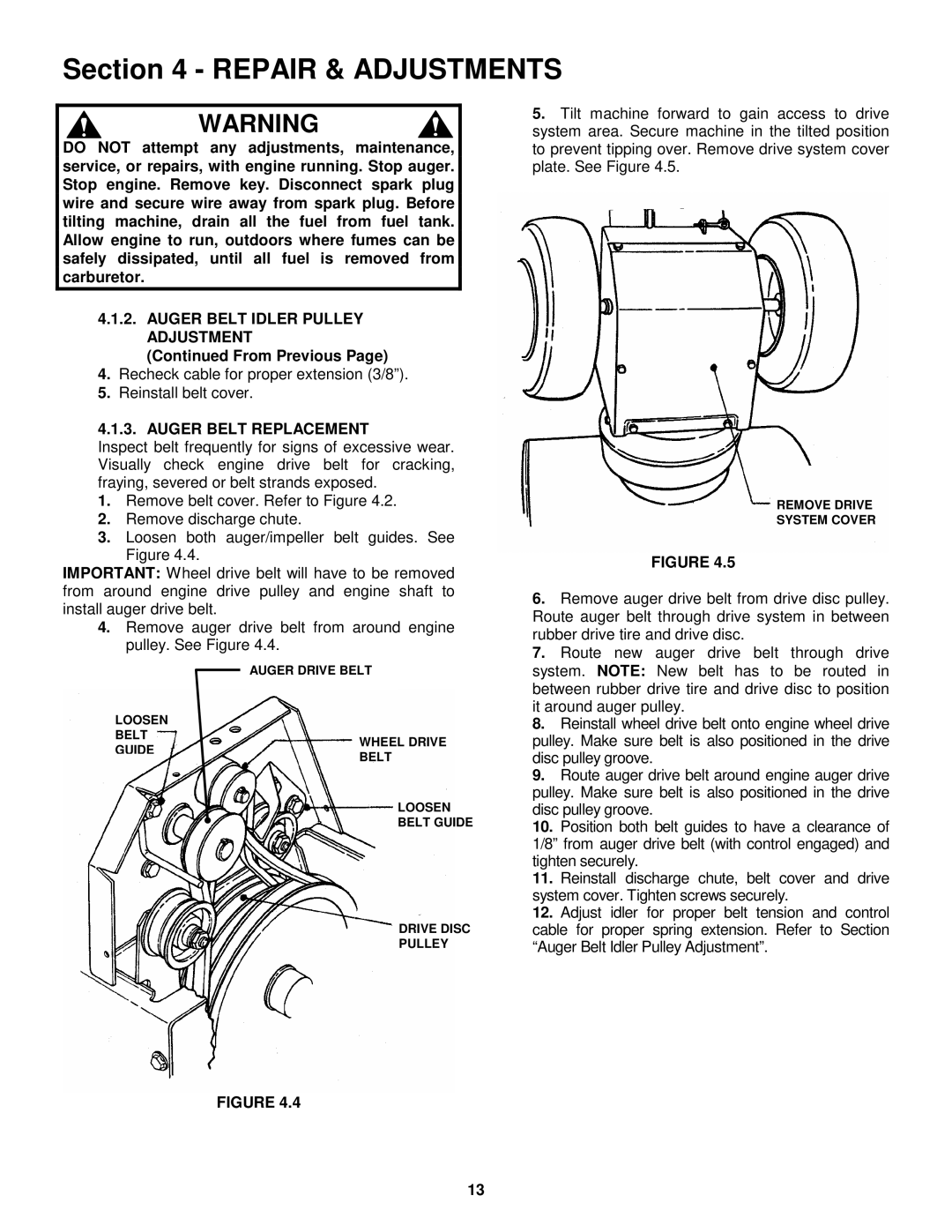 Snapper I55224, I7244 important safety instructions From Previous, Auger Belt Replacement 