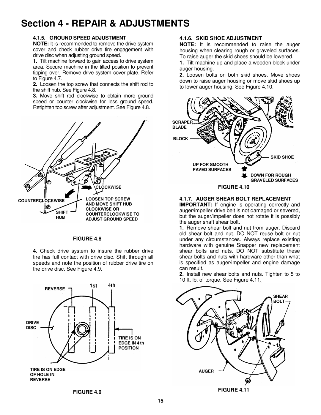 Snapper I55224, I7244 important safety instructions Ground Speed Adjustment, Skid Shoe Adjustment, 1st 4th 