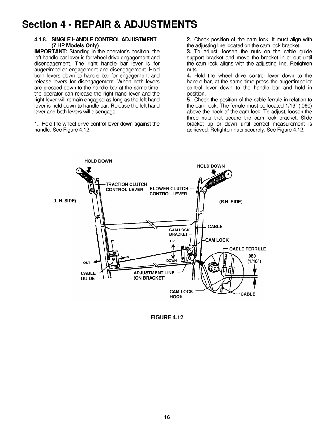 Snapper I55224, I7244 important safety instructions Single Handle Control Adjustment 7 HP Models Only 