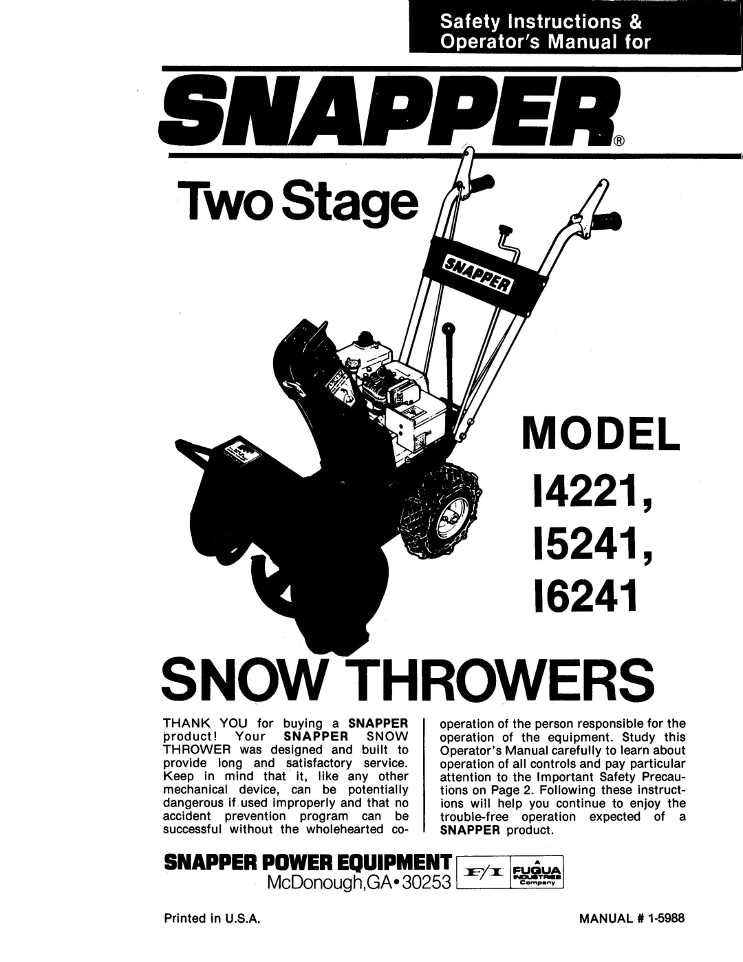 Snapper I4221, I6241, I5241 manual 