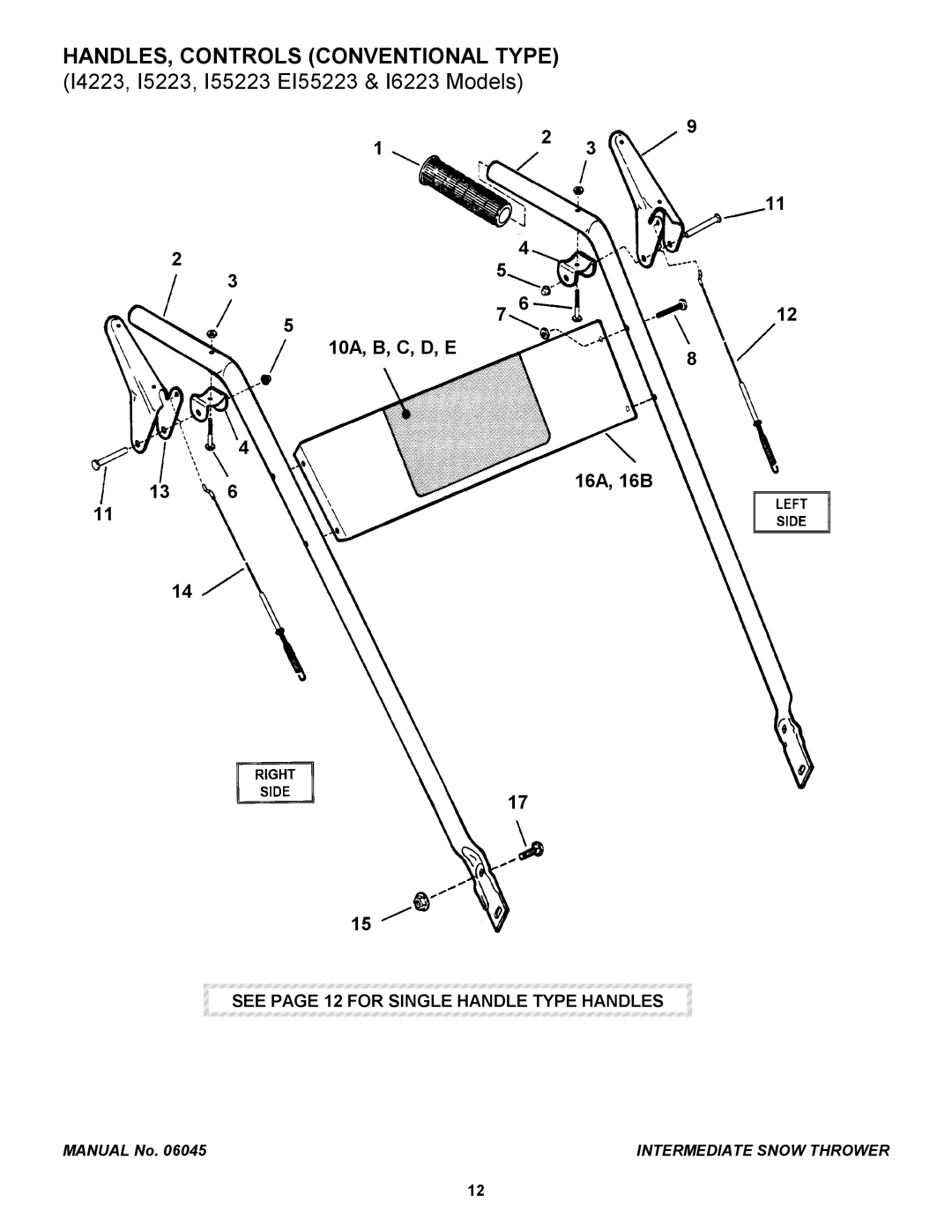 Snapper EI5223, EI7243 manual HANDLES, Controls Conventional Type, I4223, I5223, I55223 EI55223 & I6223 Models 