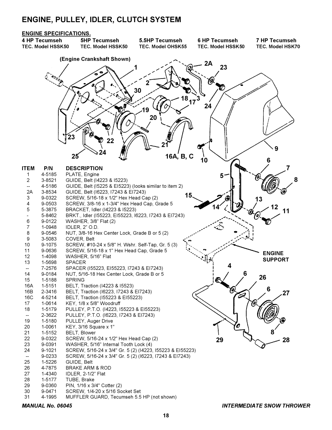 Snapper I6223, I7243 ENGINE, PULLEY, IDLER, Clutch System, Engine Specifications, Item P/N Description, Engine Support 