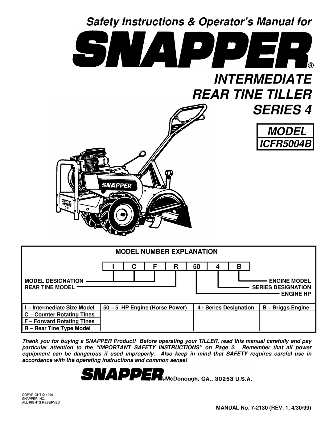 Snapper ICFR5004B important safety instructions Intermediate Rear Tine Tiller Series, Model Number Explanation 