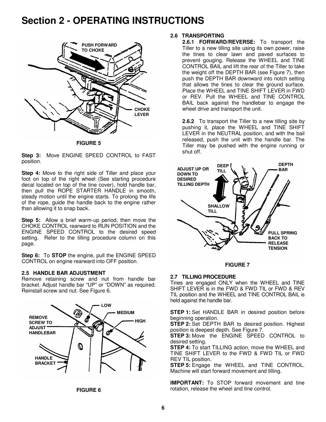 Snapper ICFR5004B important safety instructions Handle BAR Adjustment, Transporting, Tilling Procedure 