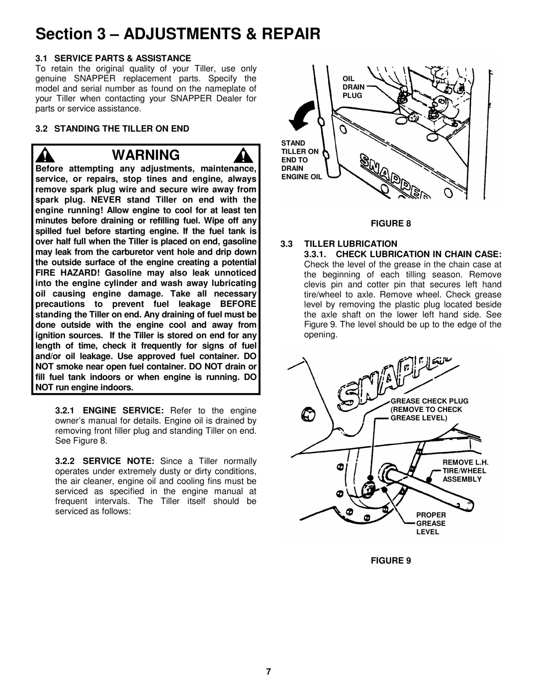 Snapper ICFR5004B important safety instructions Service Parts & Assistance, Standing the Tiller on END, Tiller Lubrication 