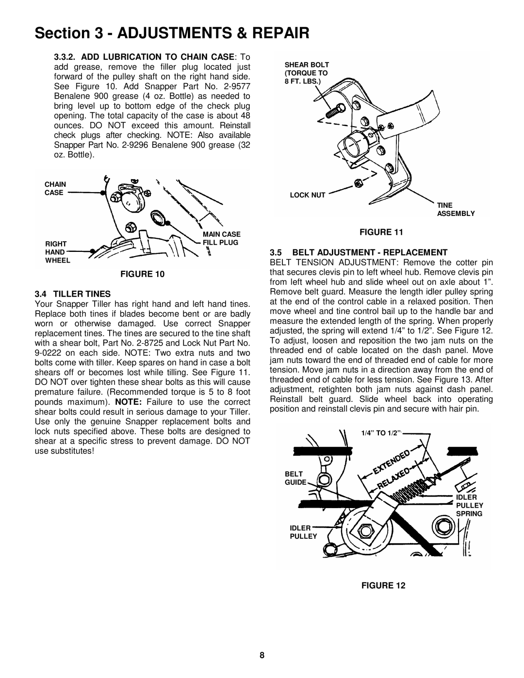 Snapper ICFR5004B important safety instructions Tiller Tines, Belt Adjustment Replacement 