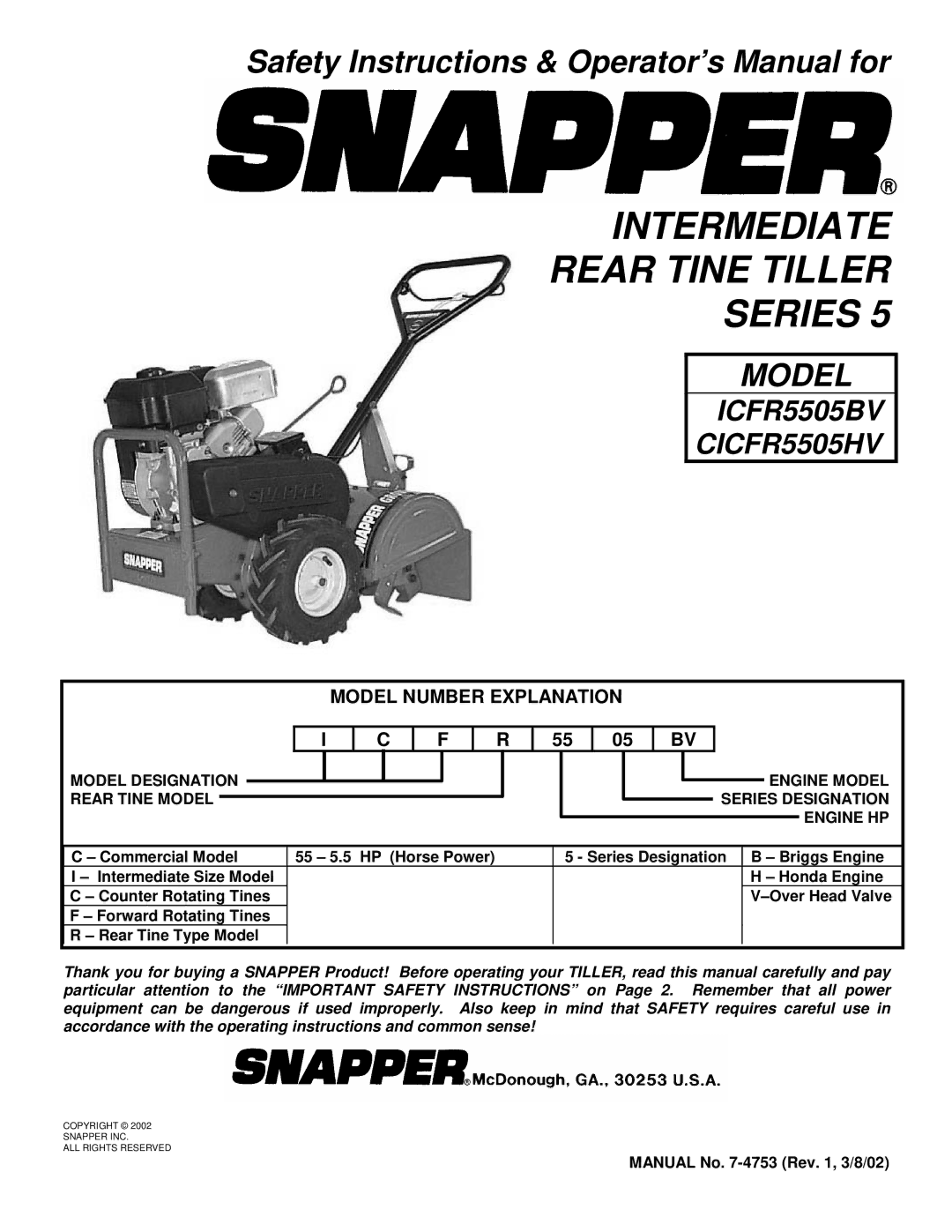 Snapper ICFR7005BV, CICFR5505HV important safety instructions Intermediate Rear Tine Tiller Series 