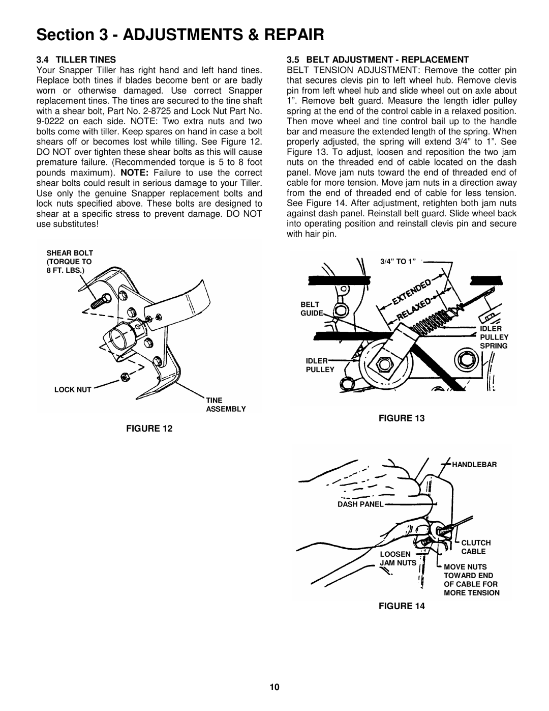 Snapper ICFR7005BV, CICFR5505HV important safety instructions Tiller Tines, Belt Adjustment Replacement 