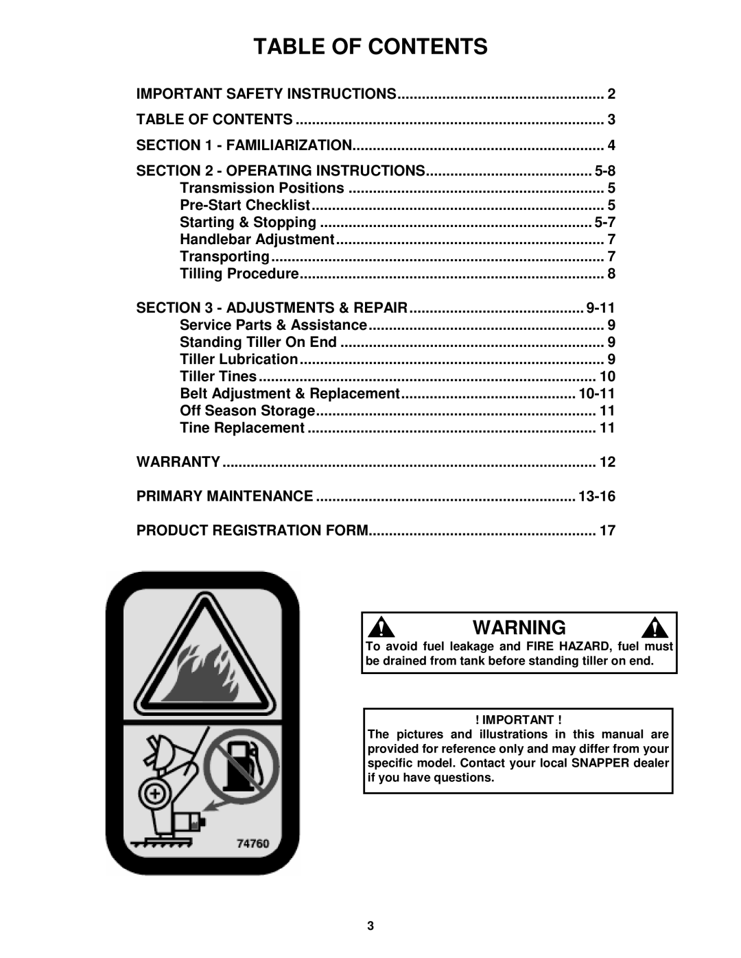 Snapper ICFR7005BV, CICFR5505HV important safety instructions Table of Contents 