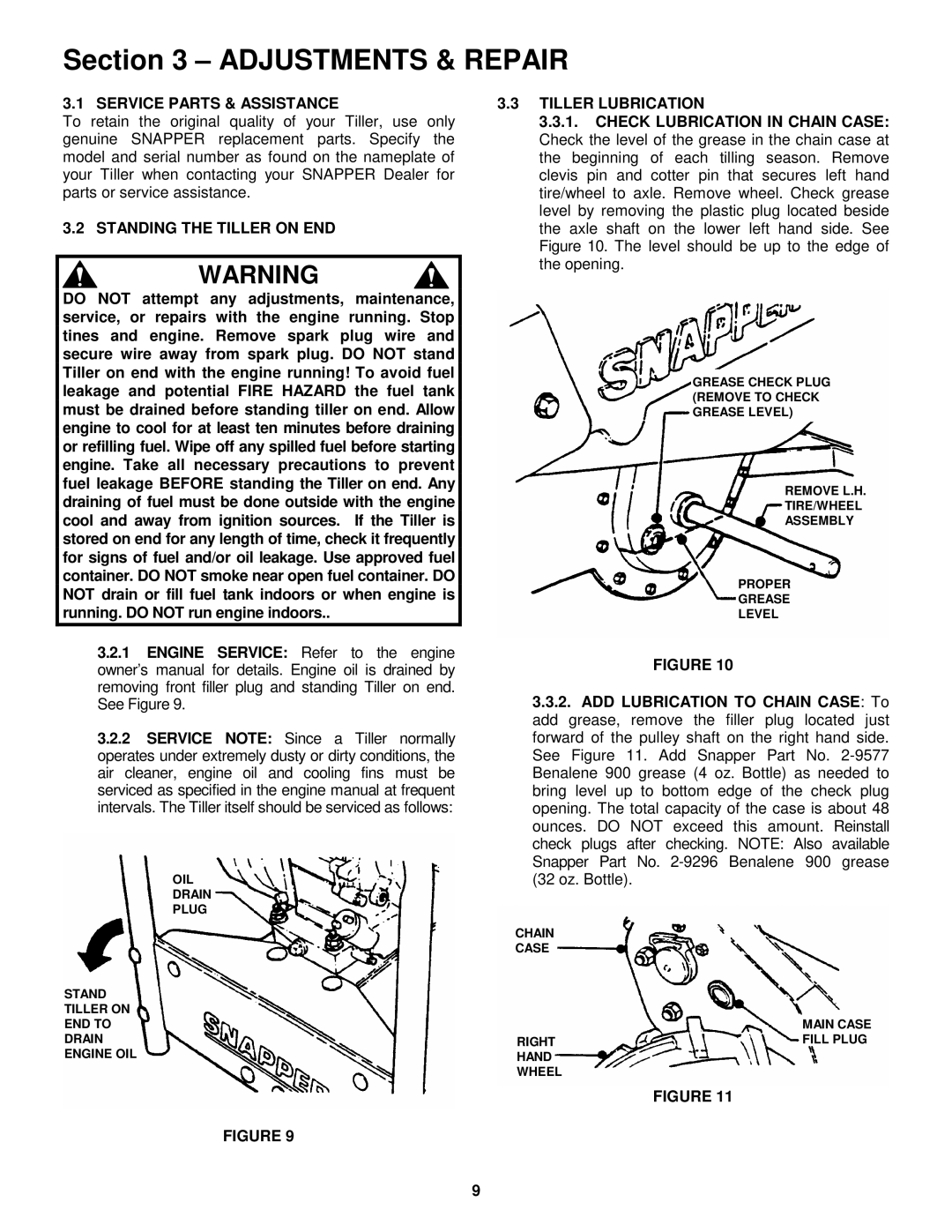 Snapper ICFR7005BV, CICFR5505HV Service Parts & Assistance, Standing the Tiller on END, Tiller Lubrication 