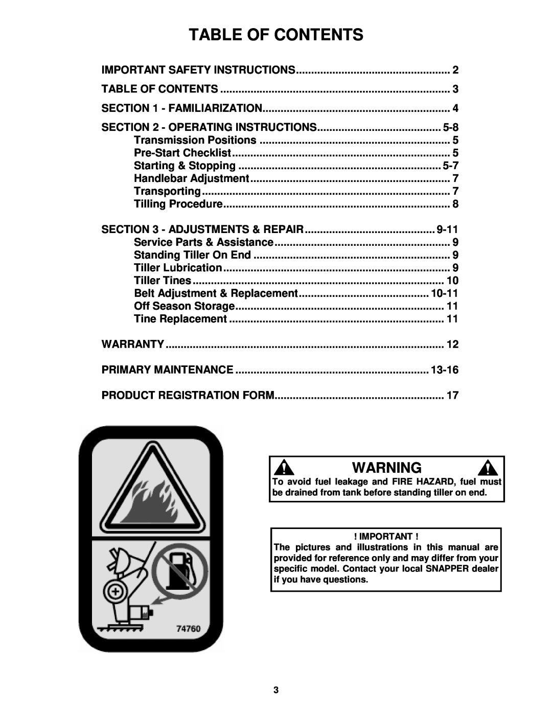 Snapper ICFR7005BV, CICFR5505HV important safety instructions Table Of Contents 