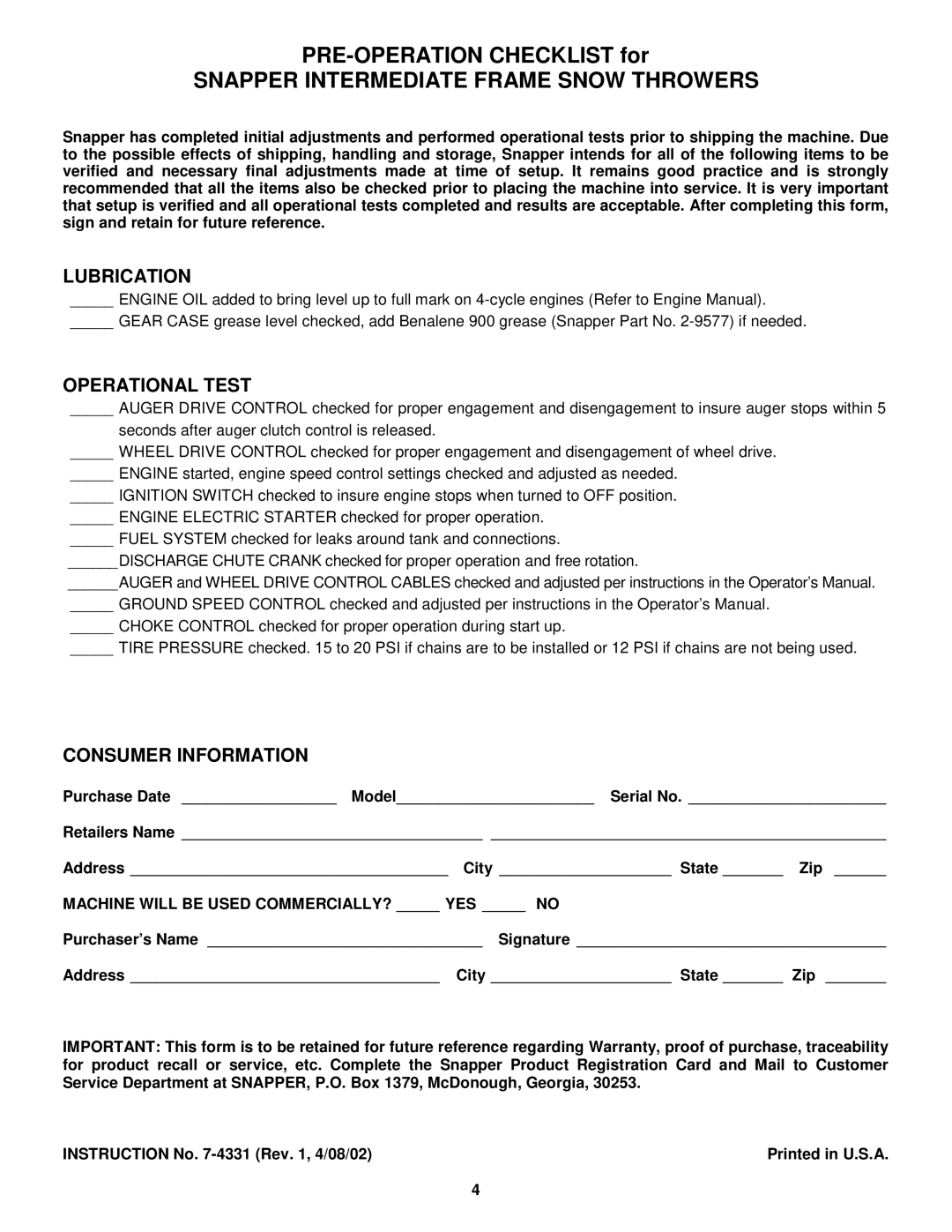 Snapper Intermediate Frame Snow Throwers manual PRE-OPERATION Checklist for 