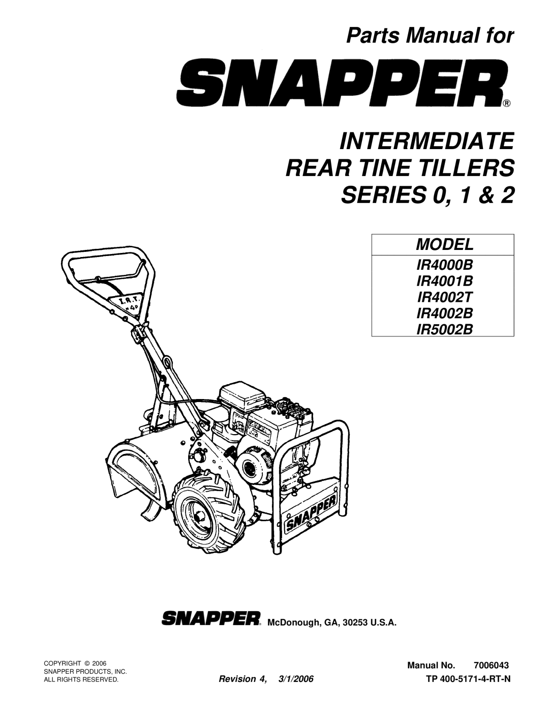 Snapper IR4001B, IR4000B, IR4002T, IR4002B, IR5002B manual Intermediate Rear Tine Tillers Series 0, 1 