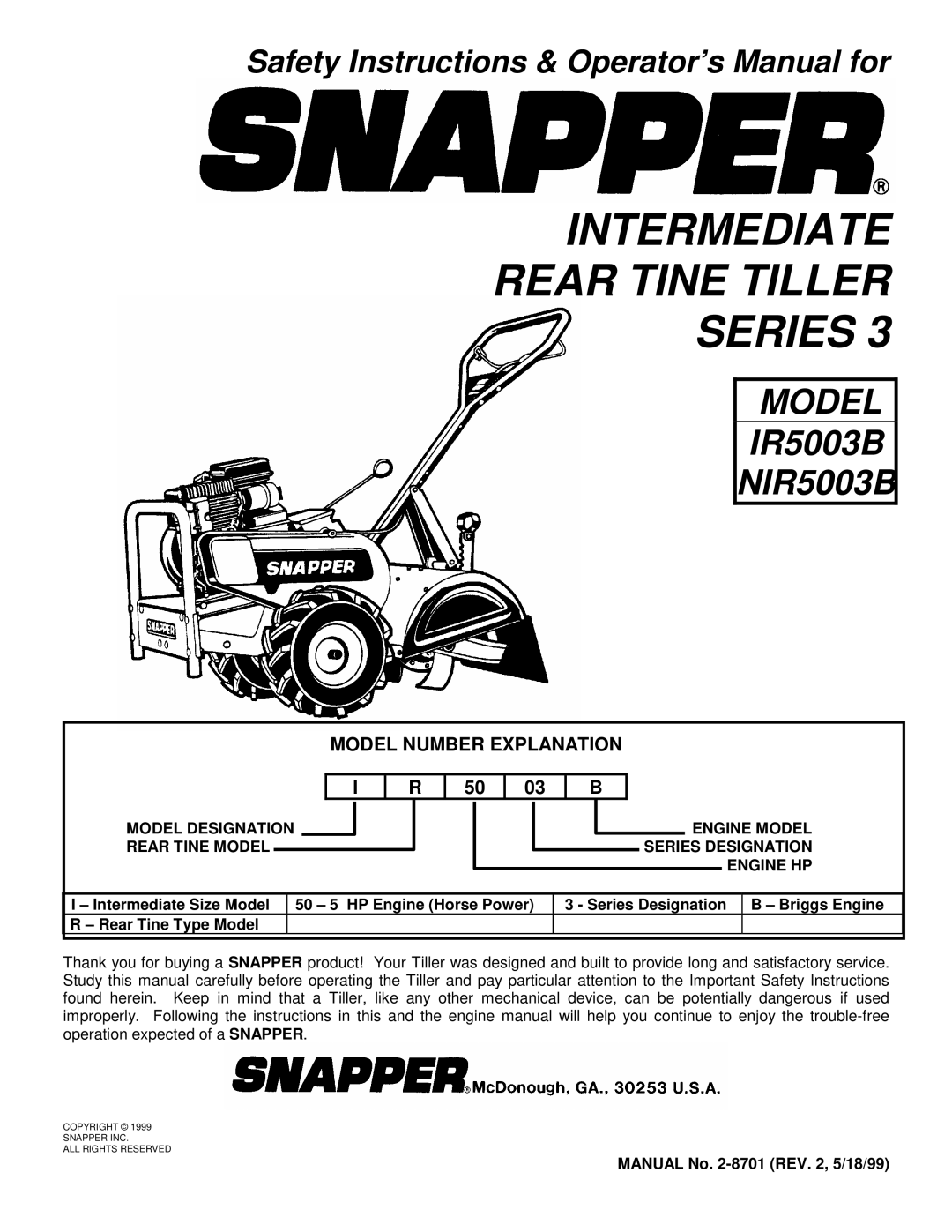 Snapper IR5003B, NIR5003B important safety instructions Intermediate Rear Tine Tiller Series, Model Number Explanation 