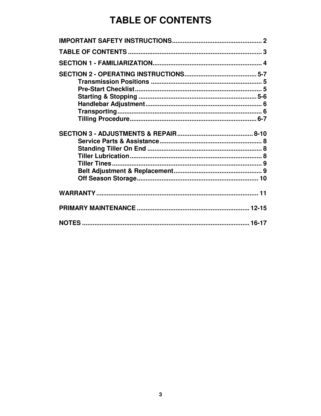 Snapper IR5003B, NIR5003B important safety instructions Table of Contents 