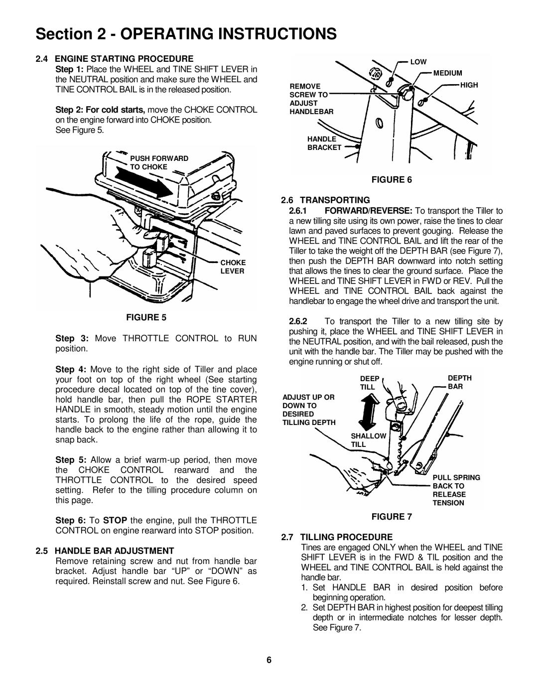 Snapper IR5003B, NIR5003B Engine Starting Procedure, Handle BAR Adjustment, Transporting, Tilling Procedure 