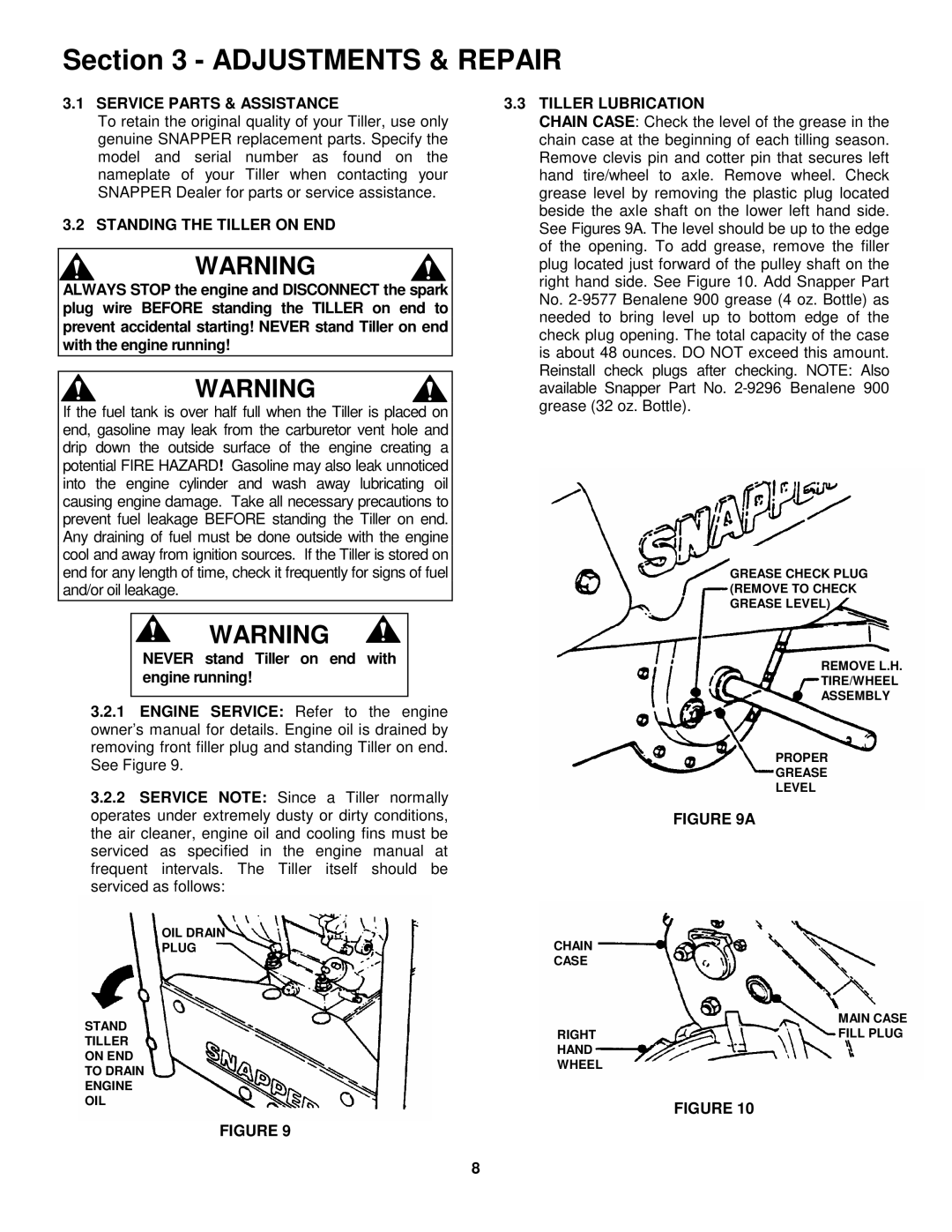 Snapper IR5003B, NIR5003B Service Parts & Assistance, Standing the Tiller on END, Tiller Lubrication 