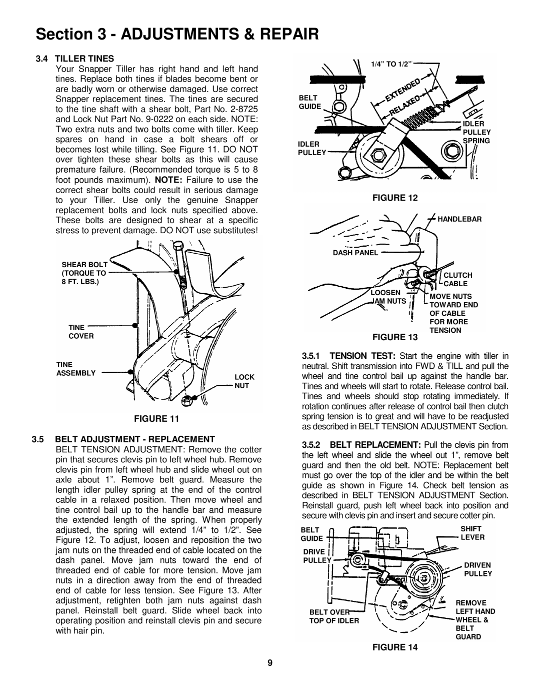 Snapper IR5003B, NIR5003B important safety instructions Tiller Tines, Belt Adjustment Replacement 