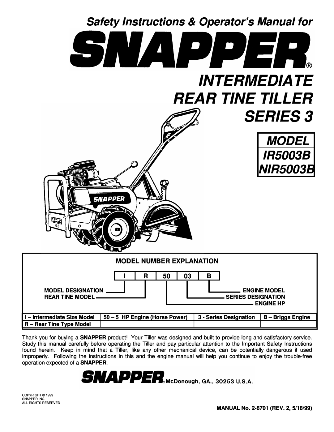 Snapper IR5003B, NIR5003B important safety instructions Intermediate Rear Tine Tiller Series, MODEL IR5003B NIR5003B 