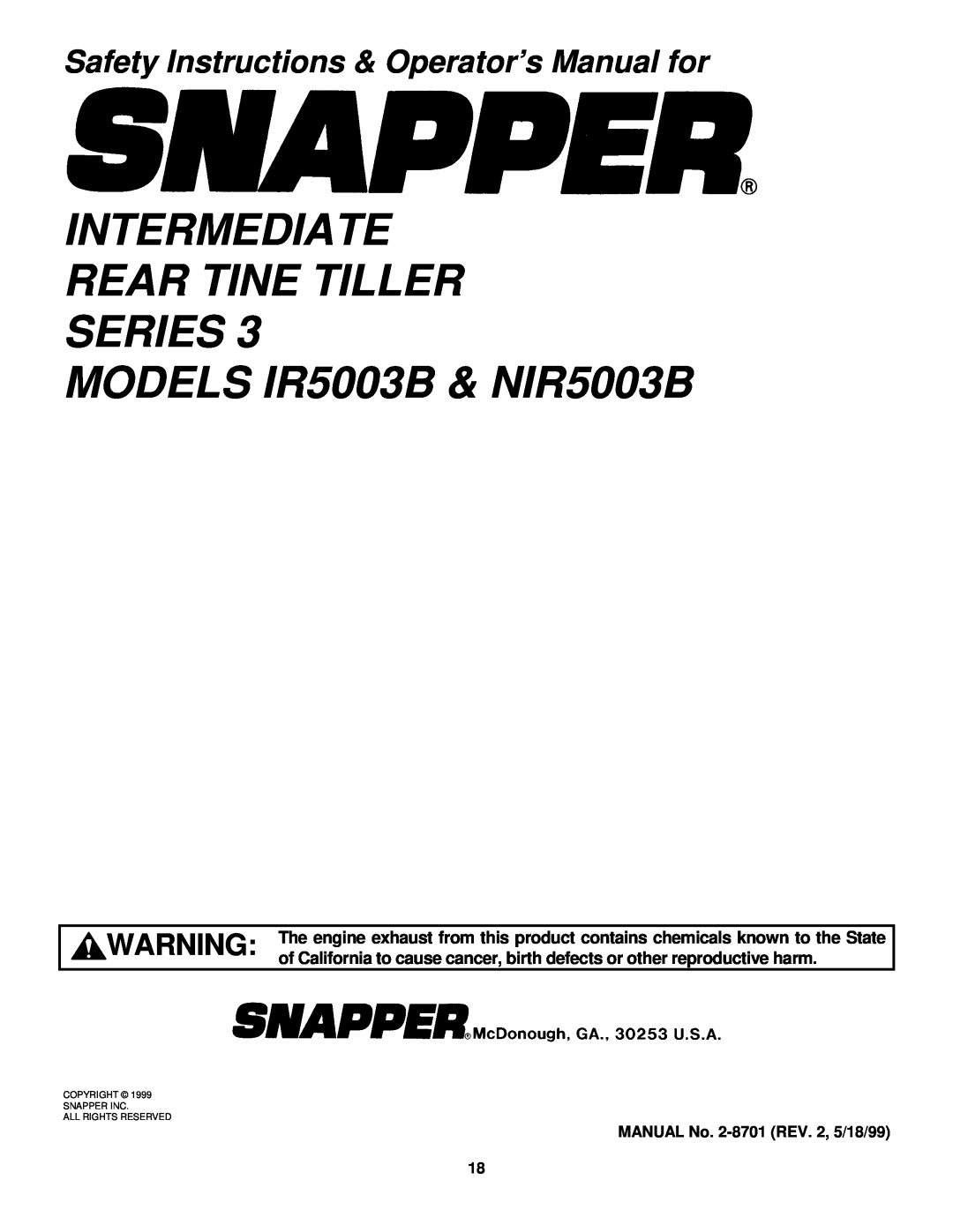Snapper IR5003B, NIR5003B important safety instructions MODELS IR5003B & NIR5003B, Intermediate Rear Tine Tiller Series 