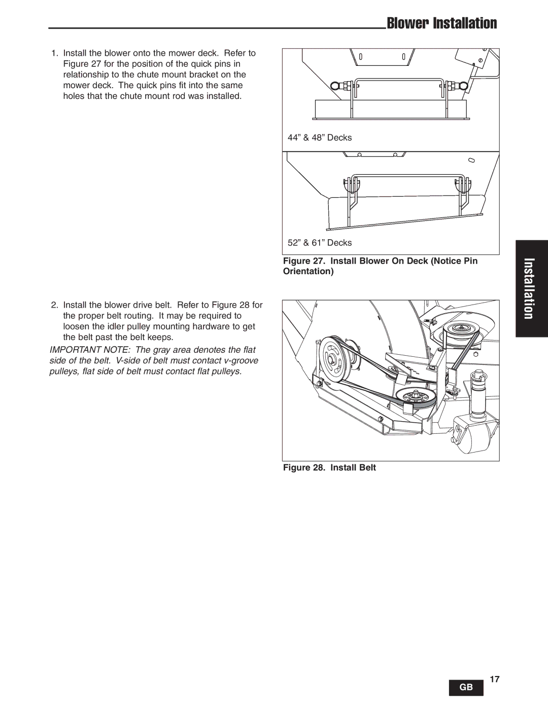 Snapper IS1500Z, IS2000Zc manual Blower Installation, Install Blower On Deck Notice Pin Orientation 