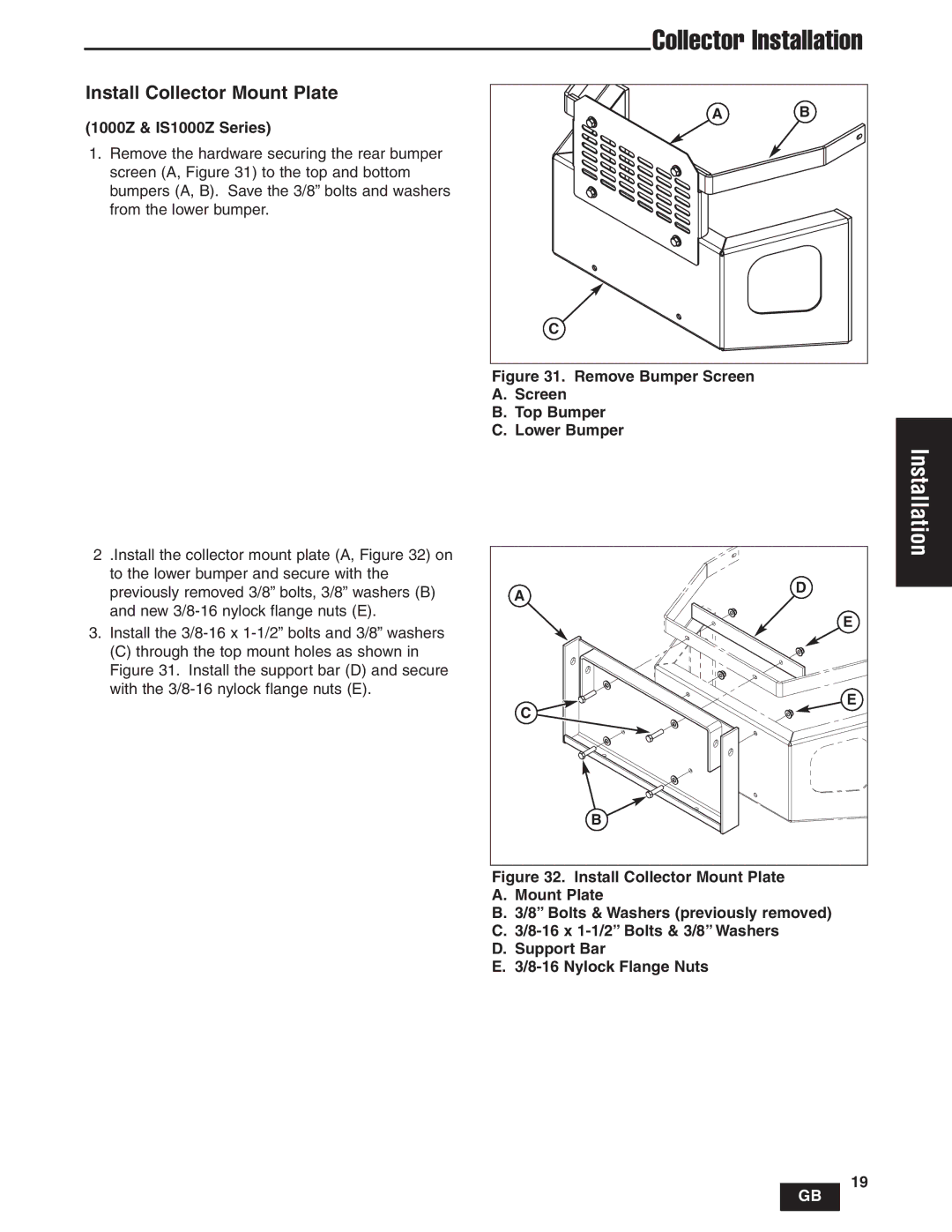 Snapper IS1500Z, IS2000Zc manual Collector Installation, Install Collector Mount Plate, 1000Z & IS1000Z Series 