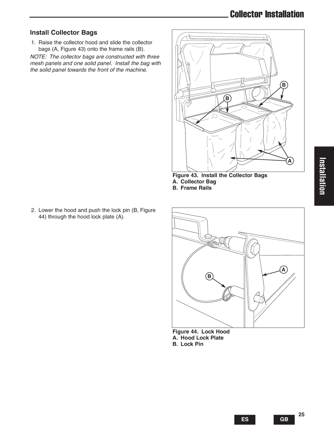 Snapper IS1500Z, IS2000Zc manual Install the Collector Bags Frame Rails, Lock Hood Hood Lock Plate Lock Pin 