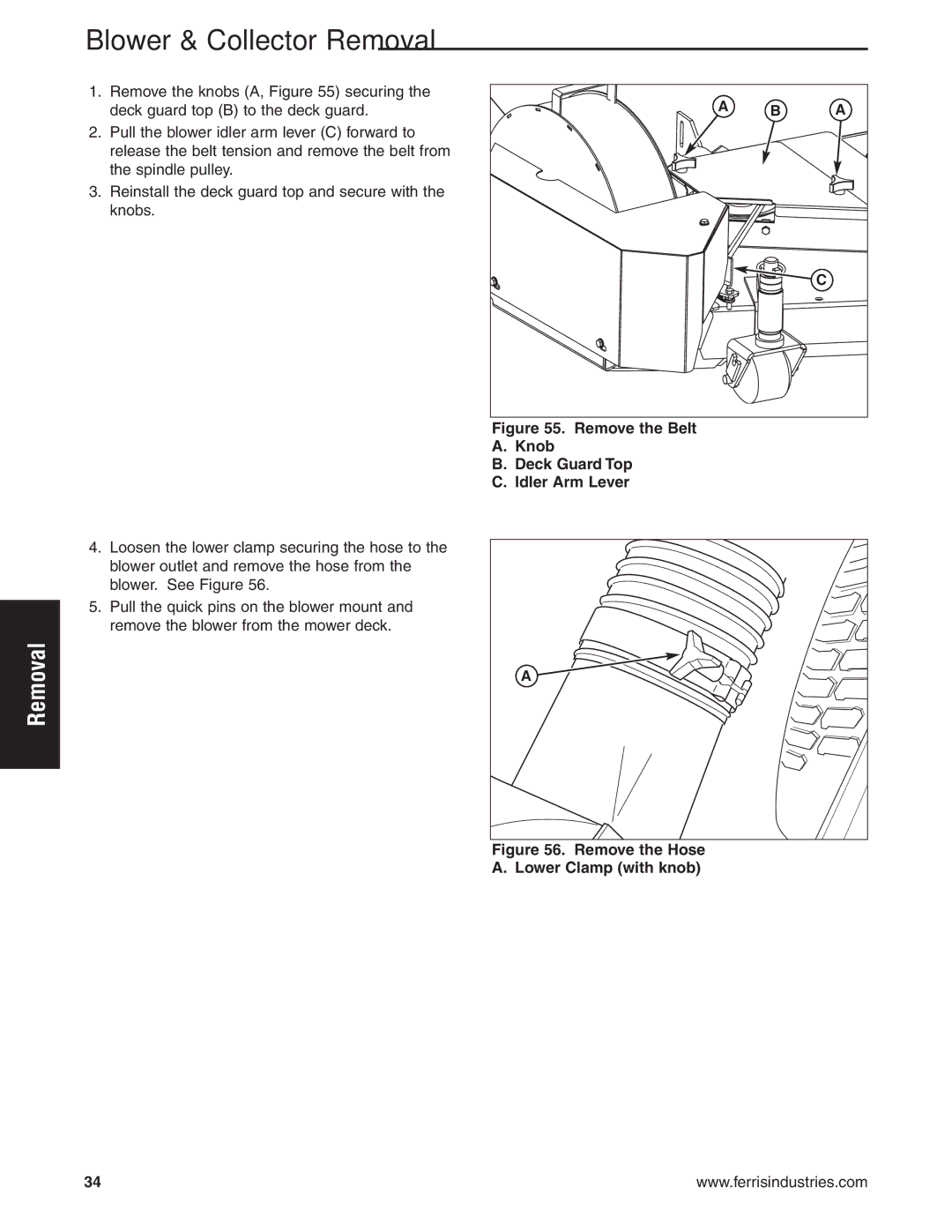 Snapper IS2000Zc, IS1500Z manual Blower & Collector Removal, Remove the Belt Knob Deck Guard Top Idler Arm Lever 