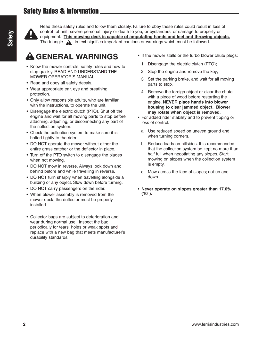 Snapper IS2000Zc, IS1500Z manual Safety Rules & Information, Never operate on slopes greater than 17.6% 