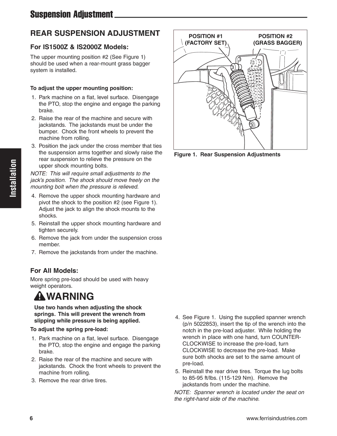 Snapper IS2000Zc manual Rear Suspension Adjustment, For IS1500Z & IS2000Z Models, For All Models 