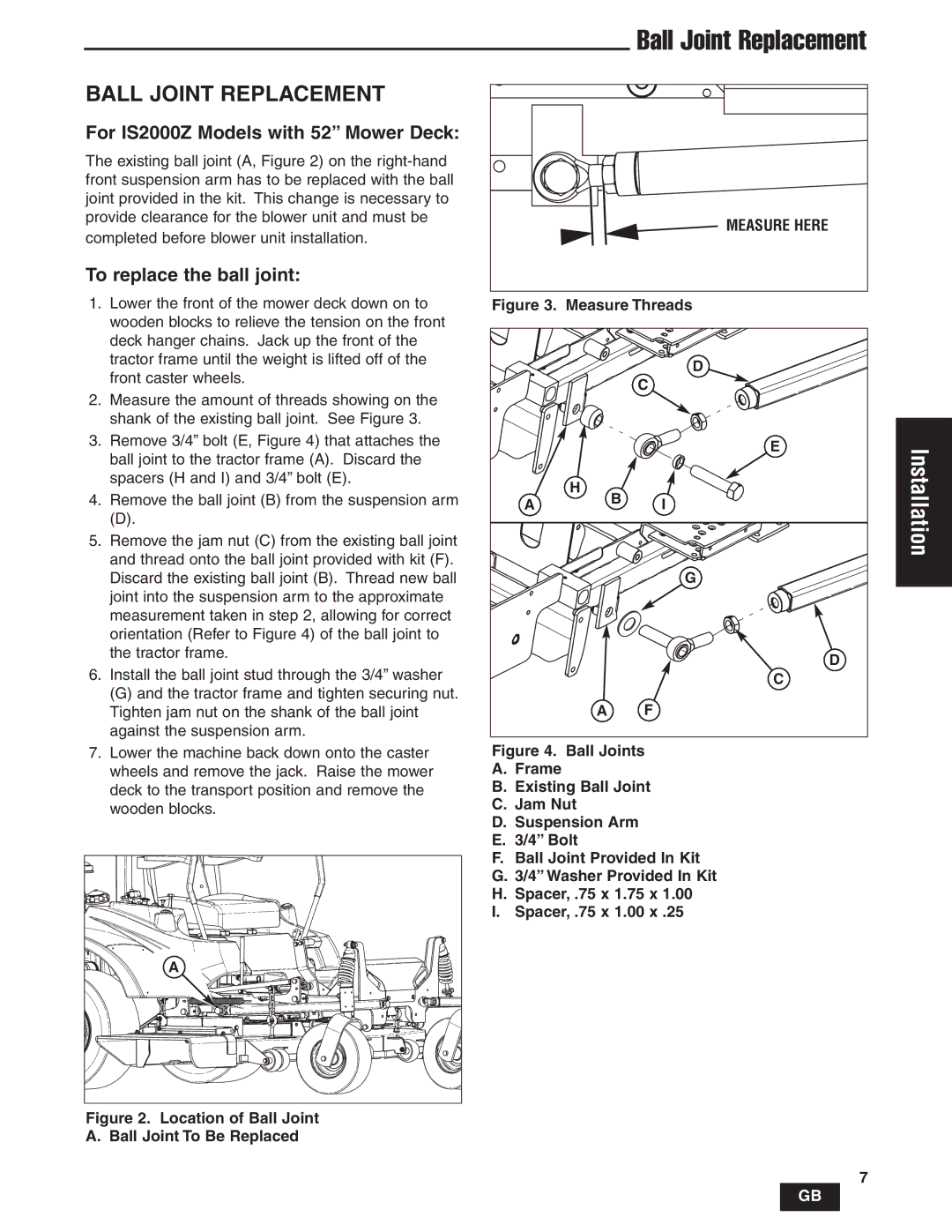 Snapper IS1500Z, IS2000Zc manual Ball Joint Replacement, For IS2000Z Models with 52 Mower Deck, To replace the ball joint 